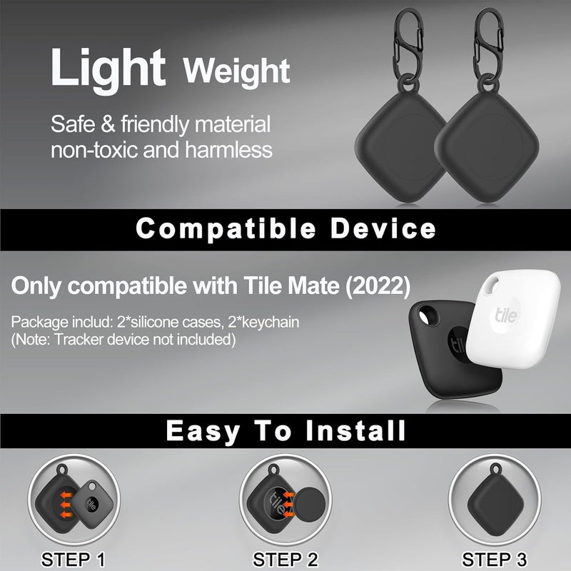 SGHLDE Silicone Case for Life360 Tile Tracker 2 Pack, for Tile Mate 2022 Full Body IPX8 Waterproof and Anti-Scratch Protective with Carabiner for Kids, Keys, Luggage, Cat/Dog Collar Tag (Black+Black) - Image 5